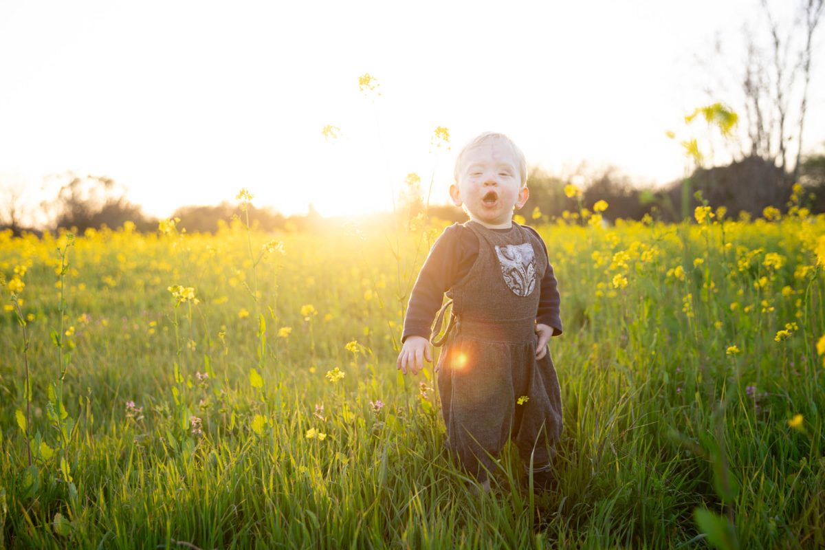 Expressive toddler portrait photography in Santa Rosa capturing a wide-eyed blonde-haired child with an open-mouthed look of wonder, standing in a sun-kissed field of blooming yellow mustard flowers at golden hour, dressed in dark gray overalls featuring an ornate bib pocket design.