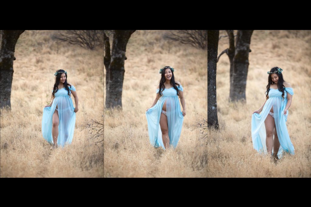 Maternity portraits of woman in blue dress walking in a sonoma California field