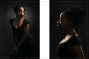 two portraits of a black woman with moody lighting