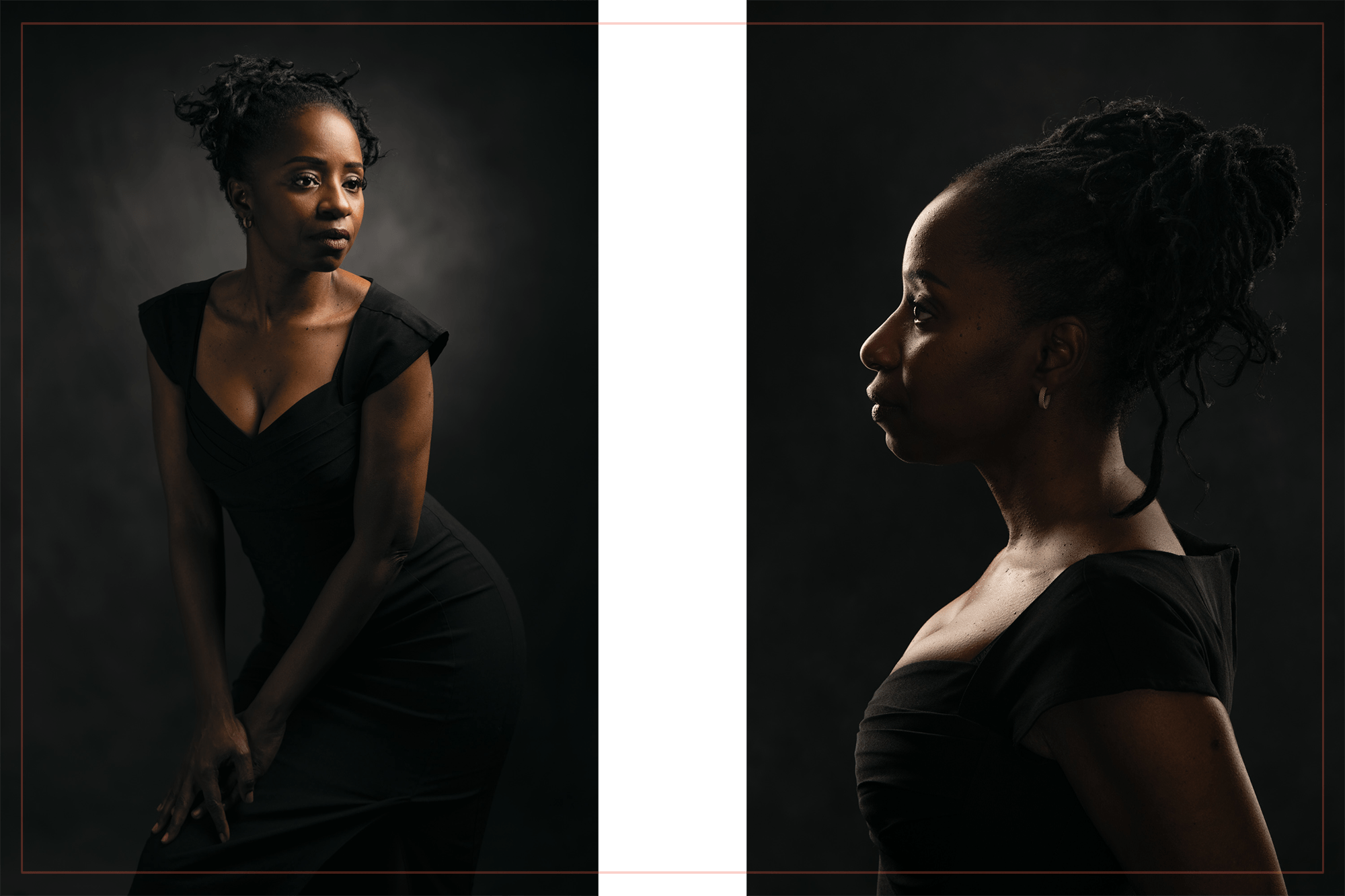two portraits of a black woman with moody lighting