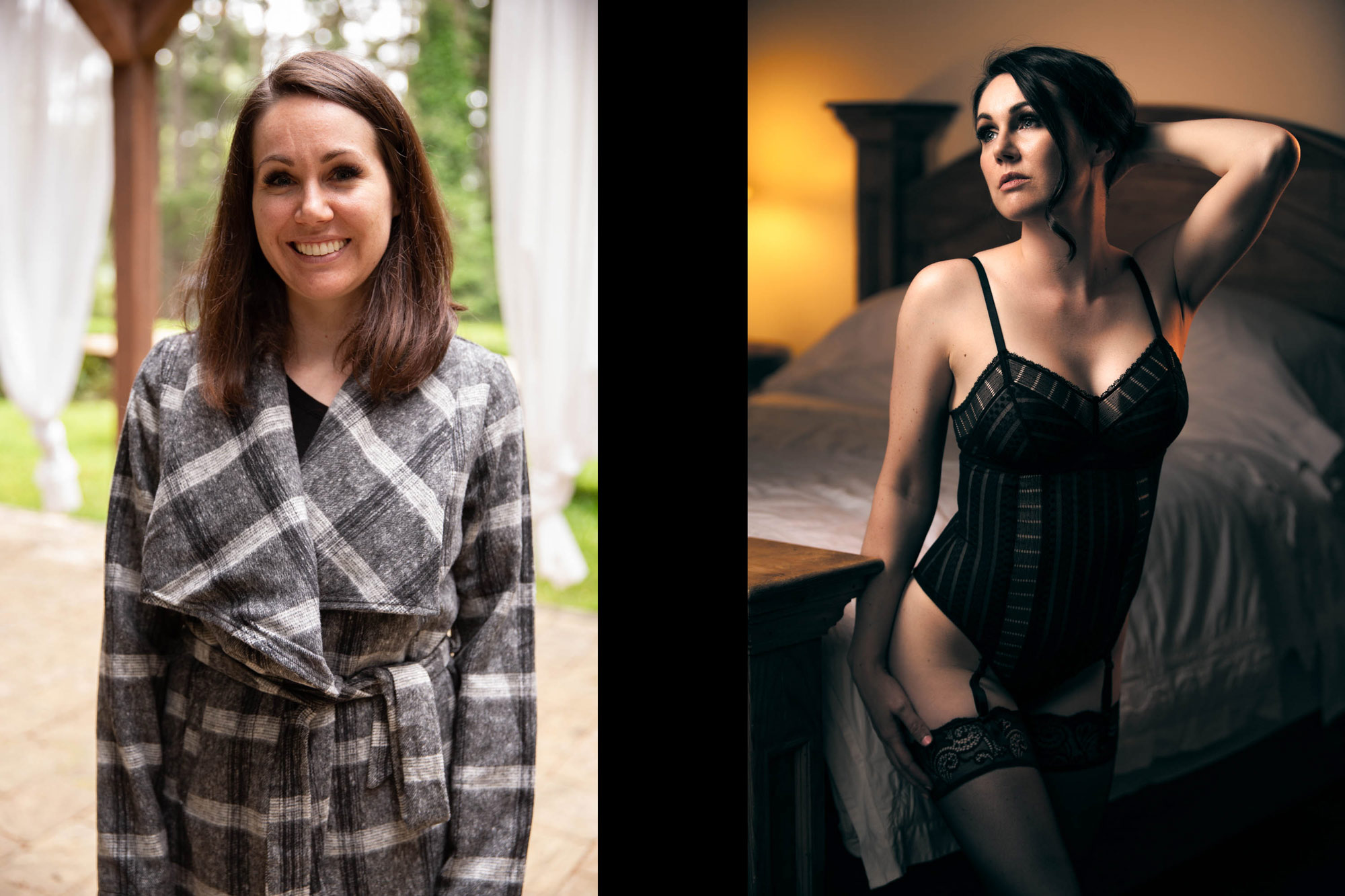 A side-by-side composition captures a transformative Sebastopol boudoir session before and after. On the left, the "before" image shows a woman standing outdoors under a wooden pergola, surrounded by soft white drapes and greenery. She wears a cozy, gray plaid belted coat, and her natural beauty shines through with minimal makeup and a friendly, relaxed smile. Her brown hair is neatly styled, and the daylight provides a fresh, natural ambiance. On the right, the "after" image reveals a dramatic shift in mood and style as the same woman poses confidently indoors, now wearing a black, form-fitting lingerie bodysuit with vertical mesh panels and structured cups. Thigh-high lace stockings add a touch of vintage glamour, secured by garter straps. Her makeup is bold and sultry, with dark eyeliner and contouring that highlight her features. Her hair is styled in an elegant updo with a loose curl framing her face. She stands beside a bed with warm ambient lighting casting soft shadows across the scene, enhancing the intimate and empowered atmosphere of the Sebastopol boudoir session before and after.