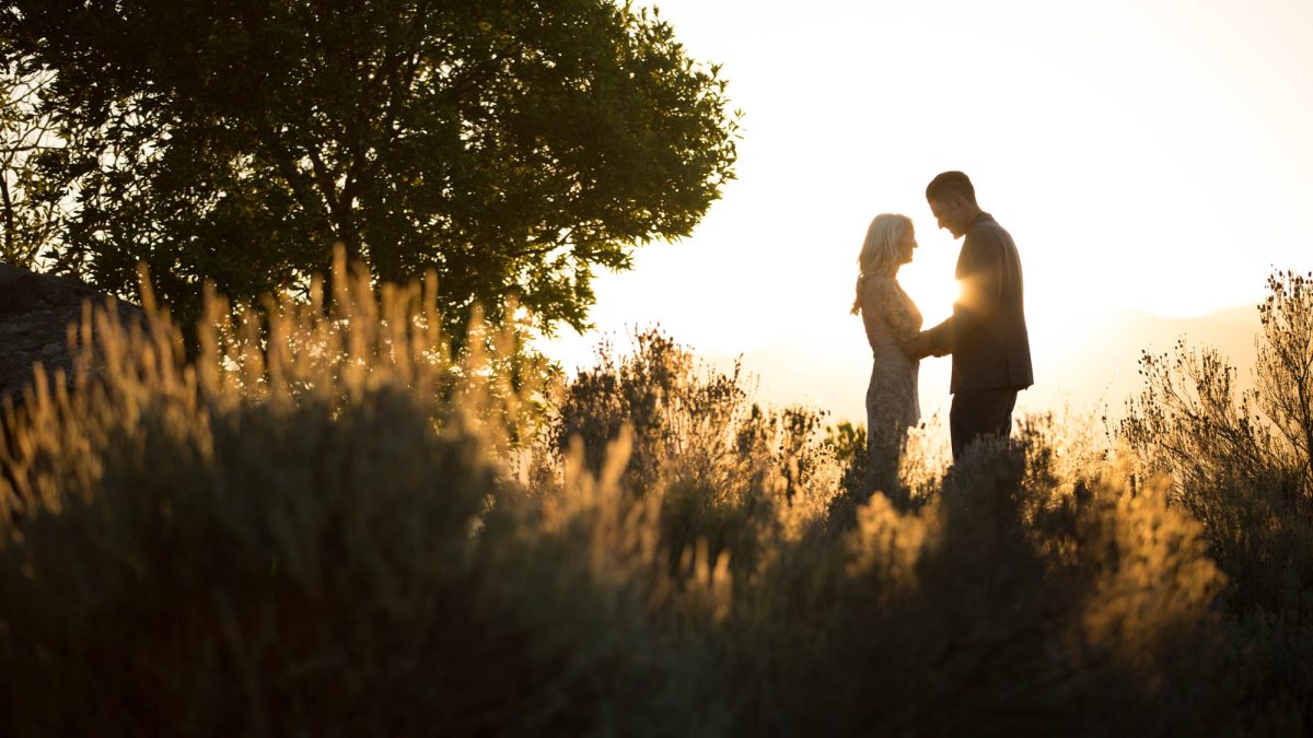 A romantic, sunlit moment captures a couple standing face to face in a natural, brush-covered landscape as the golden light of sunset filters through the trees behind them. Silhouetted against the glowing sky, the woman wears a fitted lace gown with long sleeves, while the man is dressed in a tailored suit. They hold hands gently, their foreheads nearly touching, sharing an intimate connection surrounded by soft-focus wild grasses and foliage. The light creates a warm halo effect around them, illuminating the edges of their figures and casting a serene ambiance over the scene. This beautifully backlit image reflects the artistry and emotional depth characteristic of a Sonoma wedding photographer.