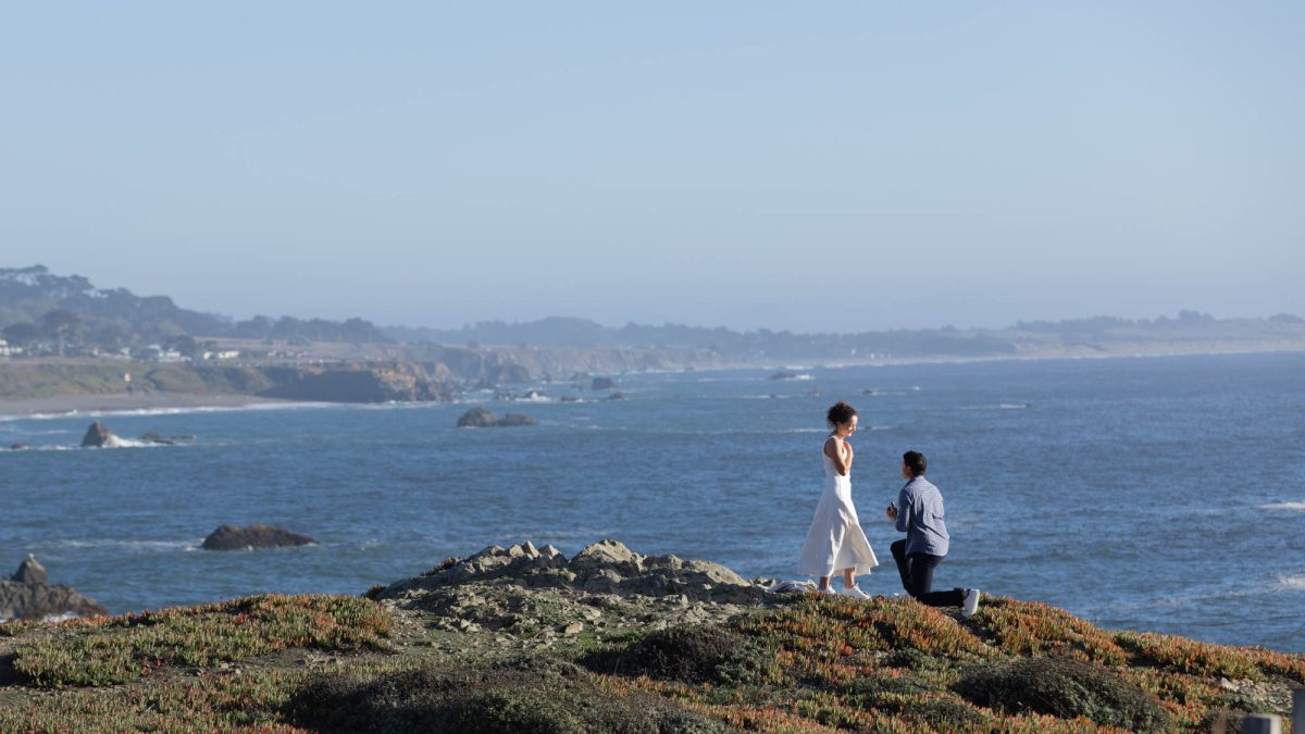 A romantic surprise proposal at Duncan's Landing, where a man in a blue plaid shirt and dark pants kneels on one knee presenting a ring box to a woman in a flowing white dress, her hands clasped to her chest in emotion, standing on a rugged grassy cliff edge adorned with red-tipped succulents, overlooking the vast blue Pacific Ocean with scattered rocky outcrops and a hazy distant shoreline under a clear sky, capturing a moment of joy and scenic coastal beauty.