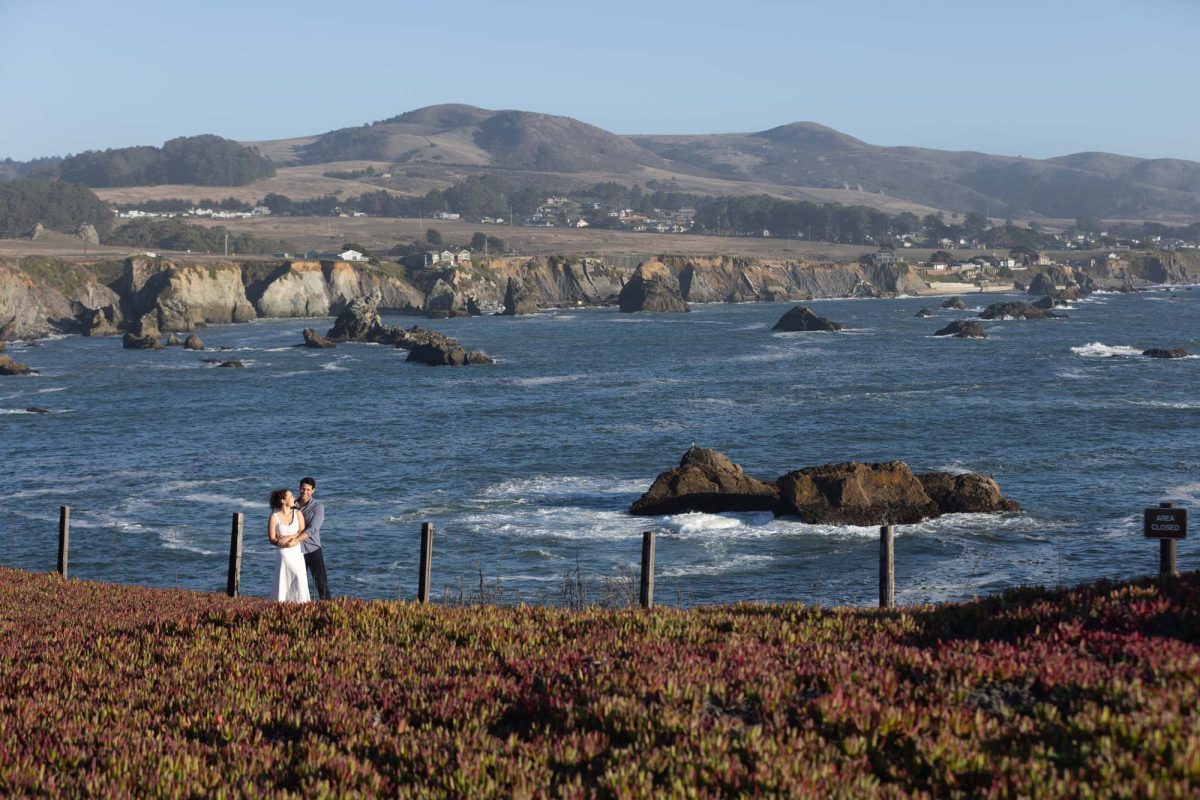 A scenic color photograph from Bodega Bay engagement photographer, featuring a loving couple standing arm-in-arm on a vibrant, succulent-draped cliff edge, gazing out over the dramatic Pacific coastline. Waves surge around jagged rock formations in the deep blue sea, with rugged cliffs and a quaint coastal village backed by rolling hills under a soft, sunny sky, embodying the raw beauty and intimate connection of an engagement session in nature.