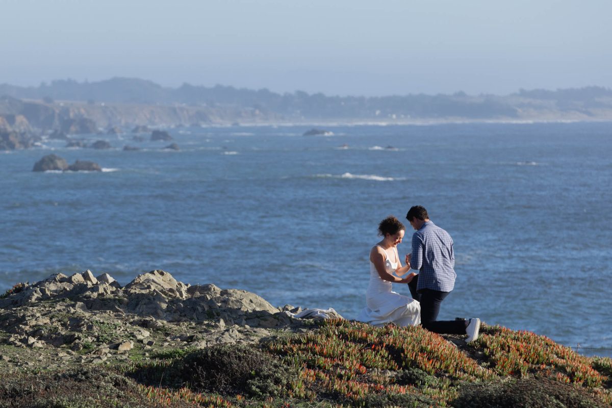 A woman with curly hair in a white sleeveless dress kneels on a rocky coastal bluff as she smiles down at her hand while she admires ring after proposal. A man wearing a blue checkered shirt kneels on one knee in front of her holding her hand under bright natural daylight with the vast blue ocean waves and distant cliffs filling the background amid vibrant green and red succulent ground cover.2.2s