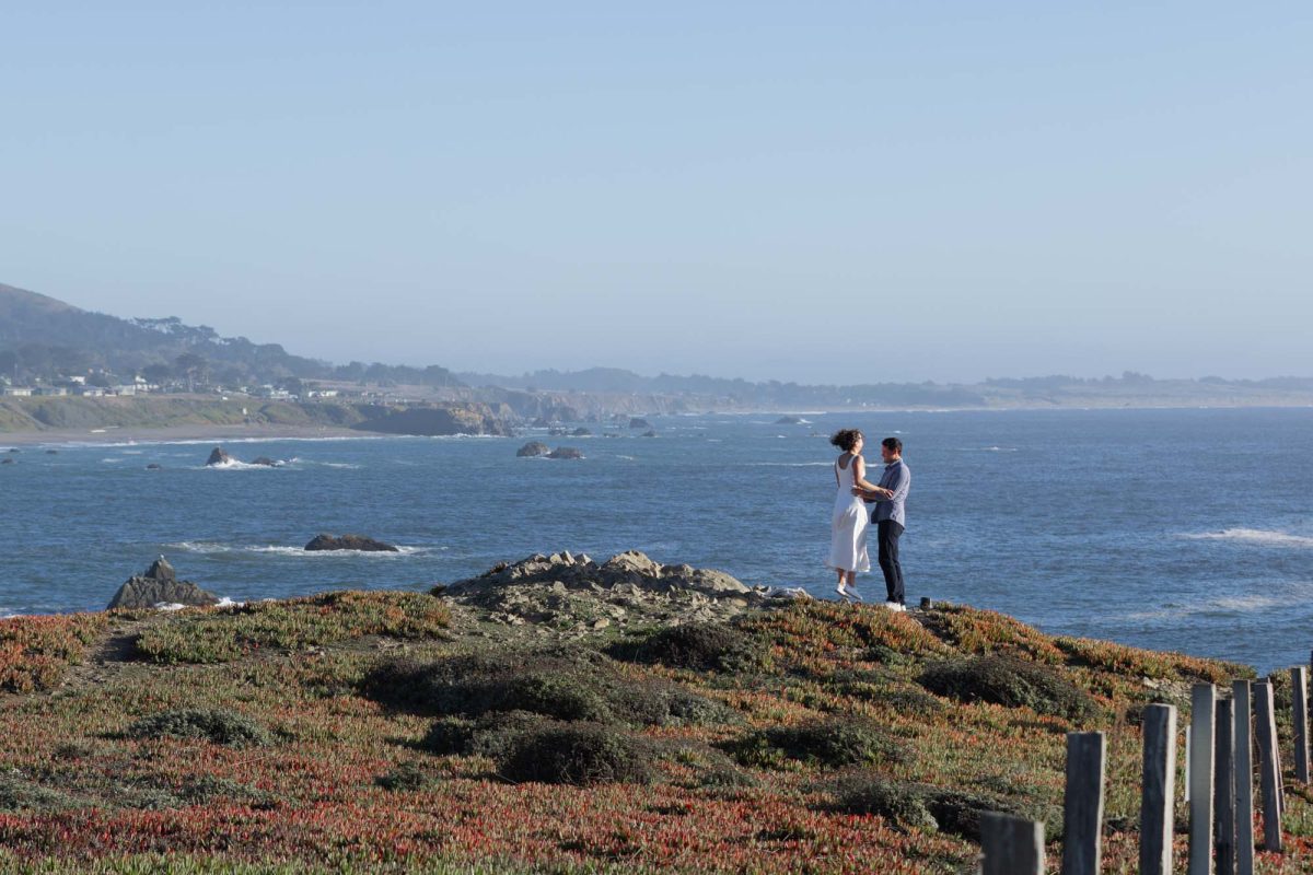 A woman with curly hair in a white sleeveless dress stands facing a man wearing a blue checkered shirt on a rocky coastal bluff as they hold each other closely and gaze at one another. Bright natural daylight illuminates the vibrant green and red ground cover around them with the vast blue ocean waves and distant cliffs in the background in this scene captured moments after she said yes during their surprise proposal.