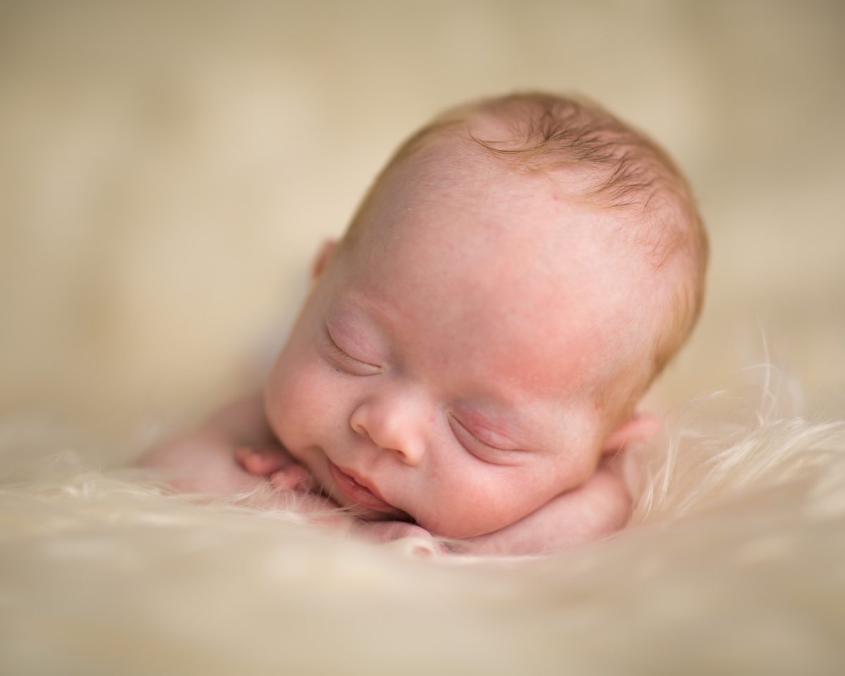 A close-up portrait captures a peacefully sleeping newborn nestled into a soft, cream-colored faux fur blanket. The baby's delicate features are highlighted by natural, diffused lighting that gently illuminates their rosy cheeks, closed eyelids, and faint lashes. Tiny hands are tucked under the chin, and the baby's lips are slightly curled into a subtle, content expression. Wisps of fine, light reddish-brown hair rest gently across the top of the head, blending softly into the neutral background. The shallow depth of field keeps the focus on the baby's face, creating a serene and intimate composition that reflects the gentle artistry of Sonoma County Newborn Photography.