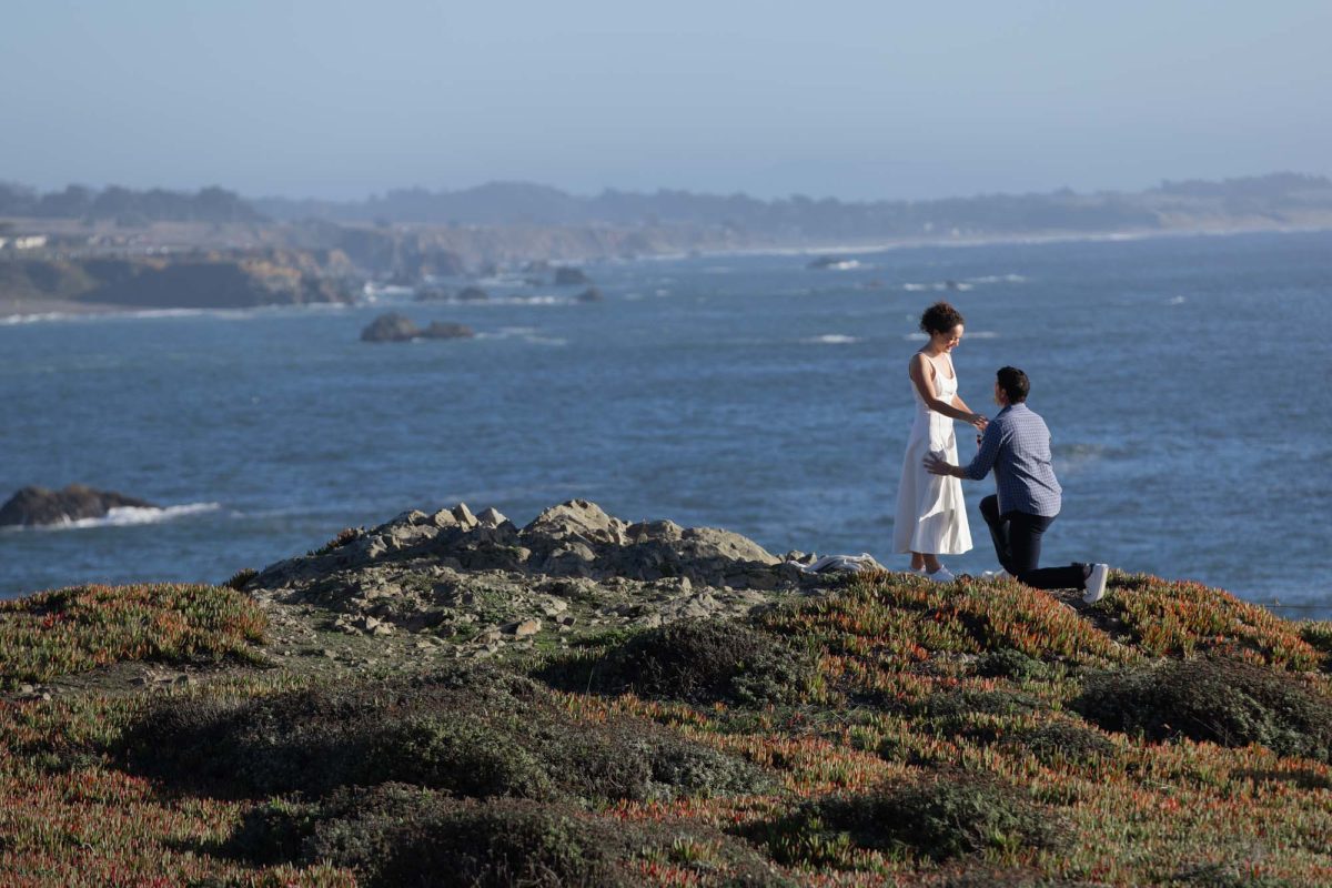 A romantic surprise proposal at Duncan's Landing: a man in a blue checkered shirt kneels on one knee on a rocky coastal cliff covered in vibrant red and green succulent ground cover, holding the hand of a woman in a flowing white dress who stands looking down at him with a joyful expression. The scene is brightly lit by natural daylight under a clear sky, with the vast blue Pacific Ocean, distant rugged cliffs, and crashing waves forming a dramatic panoramic backdrop.