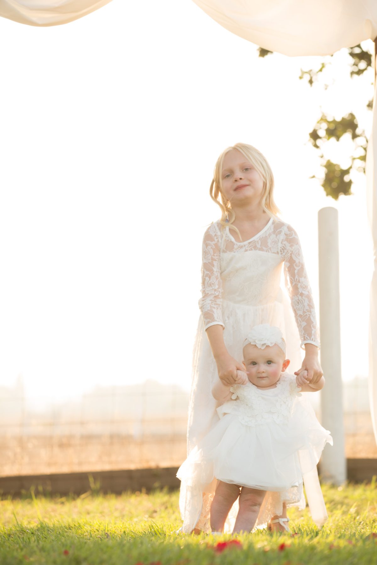 Two young sisters pose together during a sisters family photo session with the older blonde girl in a flowing white lace dress gently grasping the hands of her baby sister dressed in a white tutu and flower headband. They stand on green grass under a white canopy as golden sunlight casts a beautiful backlight across the entire scene.