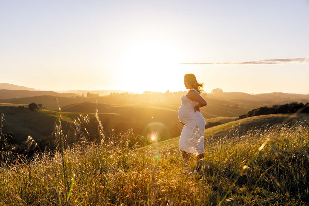 A pregnant woman in a white dress poses during this client's Petaluma maternity photo shoot on a grassy hillside. She stands in profile with her hand resting on her belly as golden sunset light illuminates the rolling hills and tall grass swaying around her.